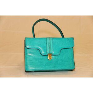 Vintage 1965 Italian Handbag Leather Turquoise Braided With Handle Gold Hardware
